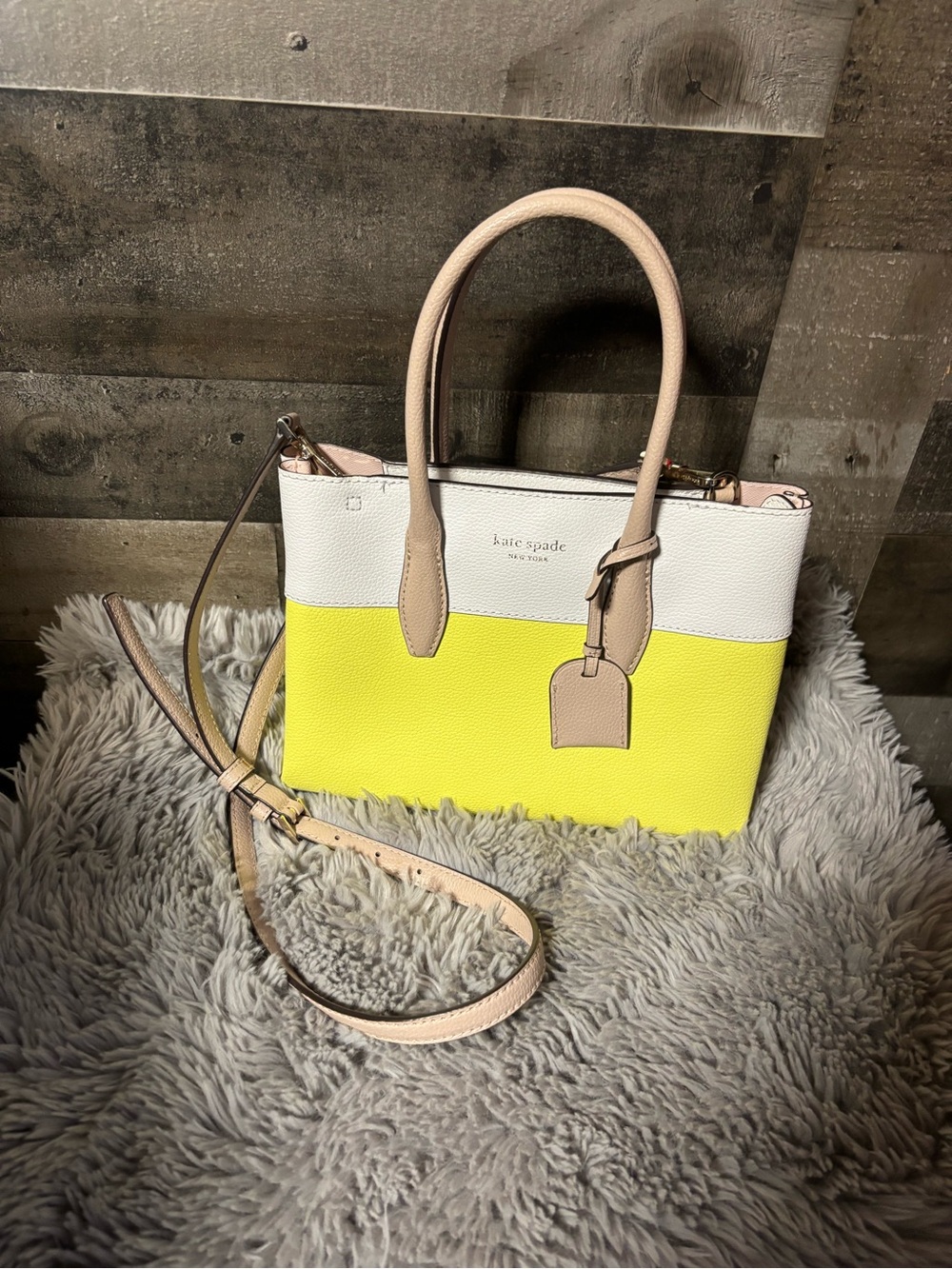 kate spade Eva Medium Top Zip Yellow, White & Tan Pebbled Leather Satchel